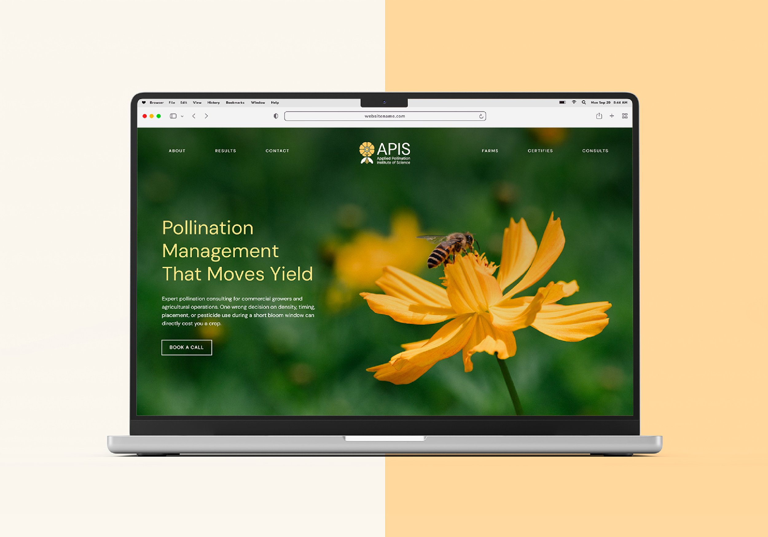 Modern Squarespace website design for a pollination consultant in Ventura County, California. The site has a navigation menu with options such as About, Results, Contact, Farms, Certifies, and Consults.