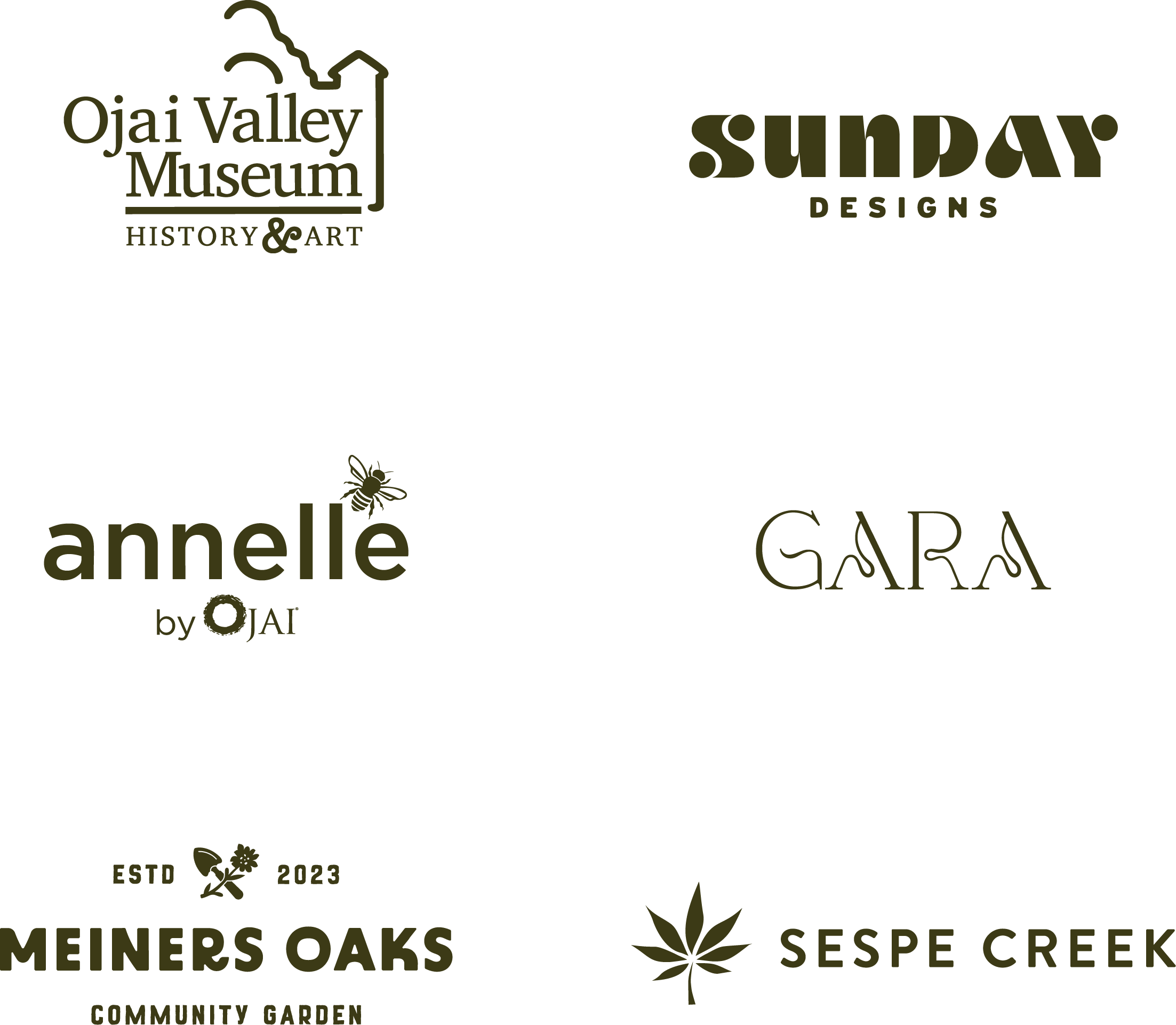 A black background with multiple plant-related logos and text in a light brown color. The logos include a bee, cannabis leaf, and a flower, with text referencing Ojai Valley Museum, Sunday Designs, Annelle, and various community features such as parks, gardens, and creek.