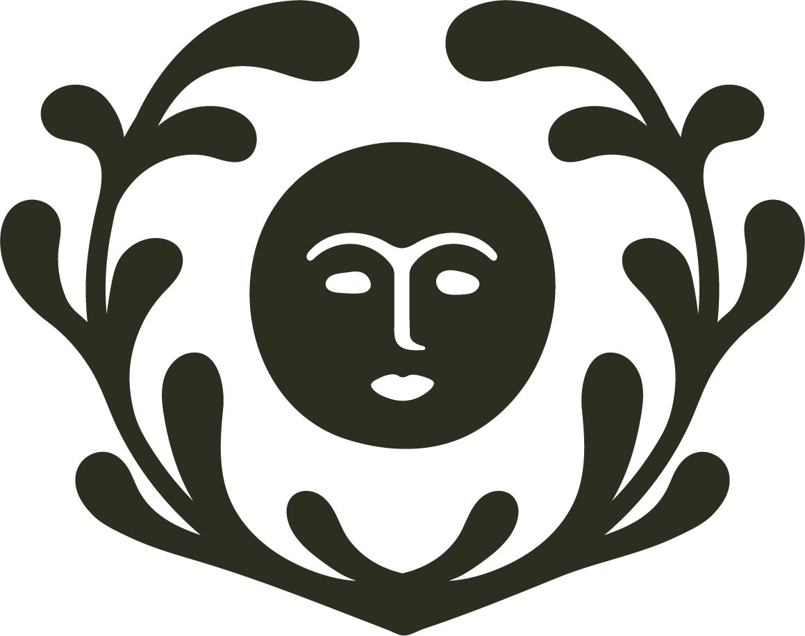 A stylized, minimalist face with closed eyes and a small mouth, surrounded by symmetrical curved plant-like shapes.