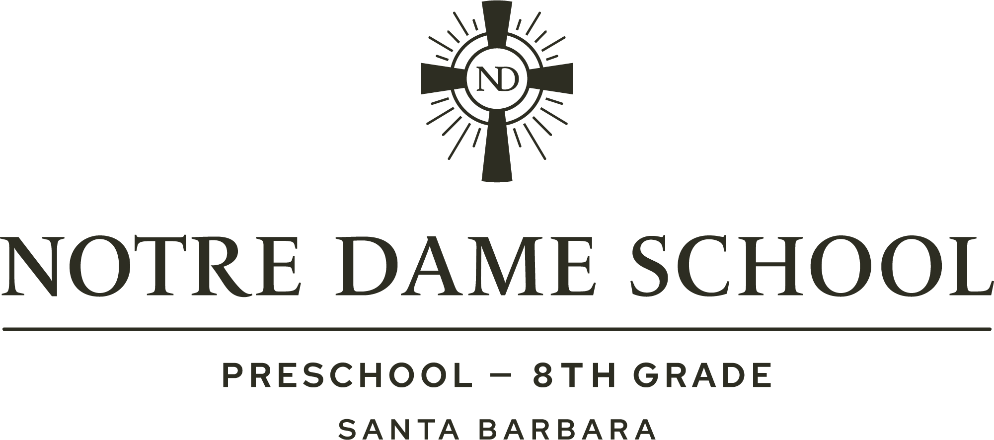 Logo of Notre Dame School in Santa Barbara, showing a cross with radiating lines and the school name, for preschool to 8th grade.