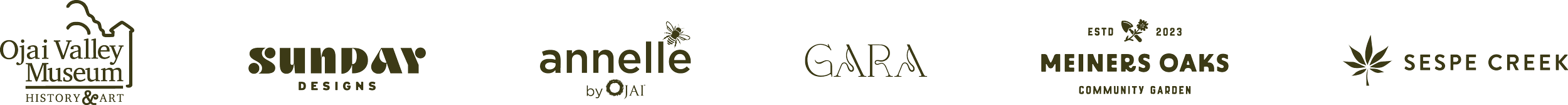 Logos of various organizations and brands, including Ojai Valley Museum, Sunday Designs, Annelle by Ojai, GARA, Meiners Oaks Community Garden, and Sespe Creek, displayed in a horizontal row.