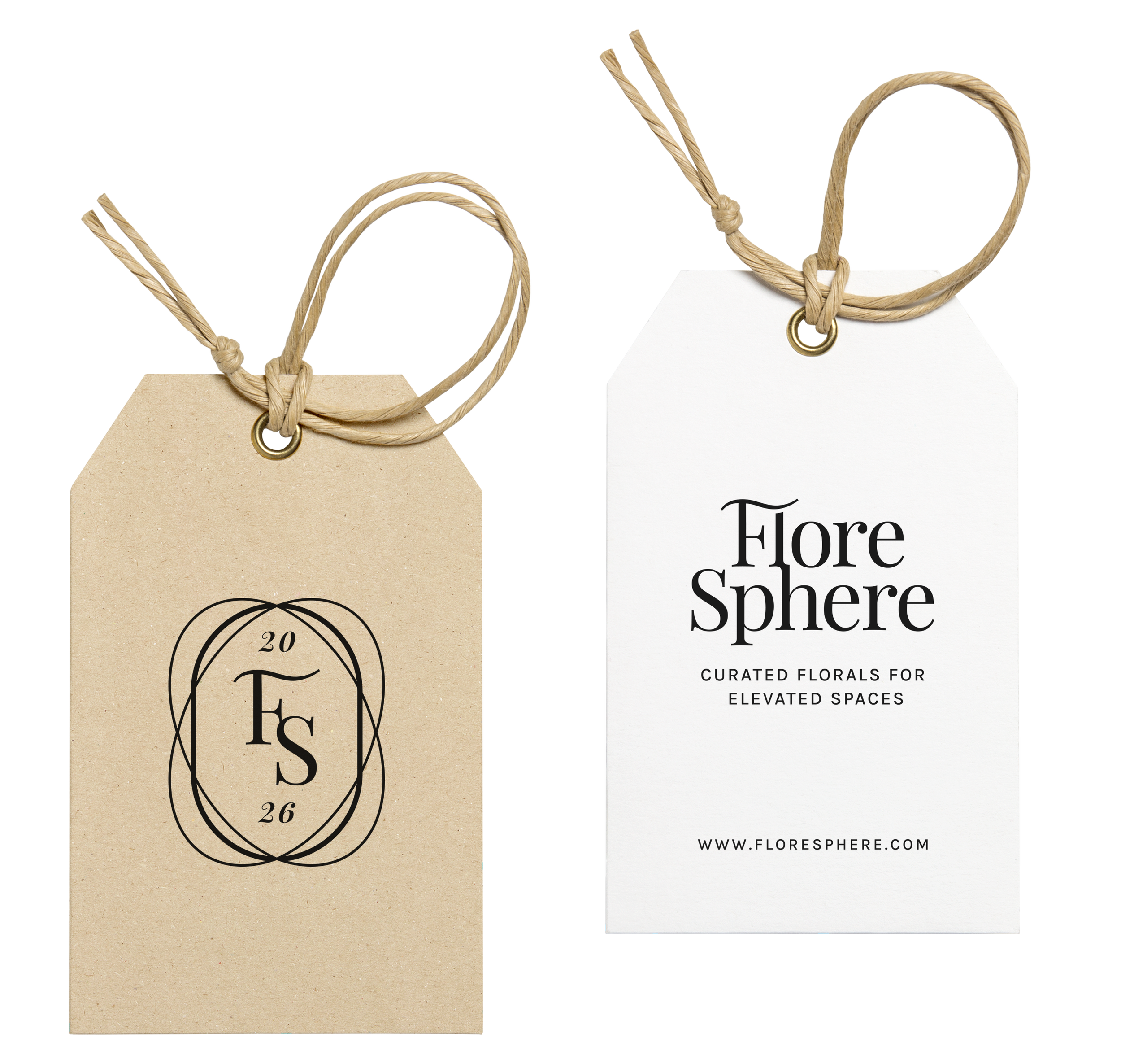 Two floral tags with twine ties, one beige with a black logo and the other white with black text saying 'Flore Sphere' and 'Curated florals for elevated spaces', and the website www.floresphere.com.