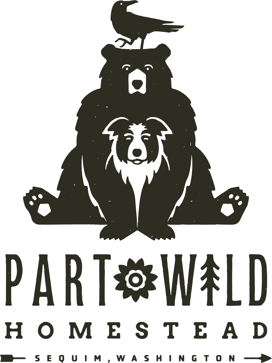 Logo for PartWILD Homestead featuring a bear with a bird on its head, and a flower and pine tree in the word 'PartWild' with an arrow pointing right.