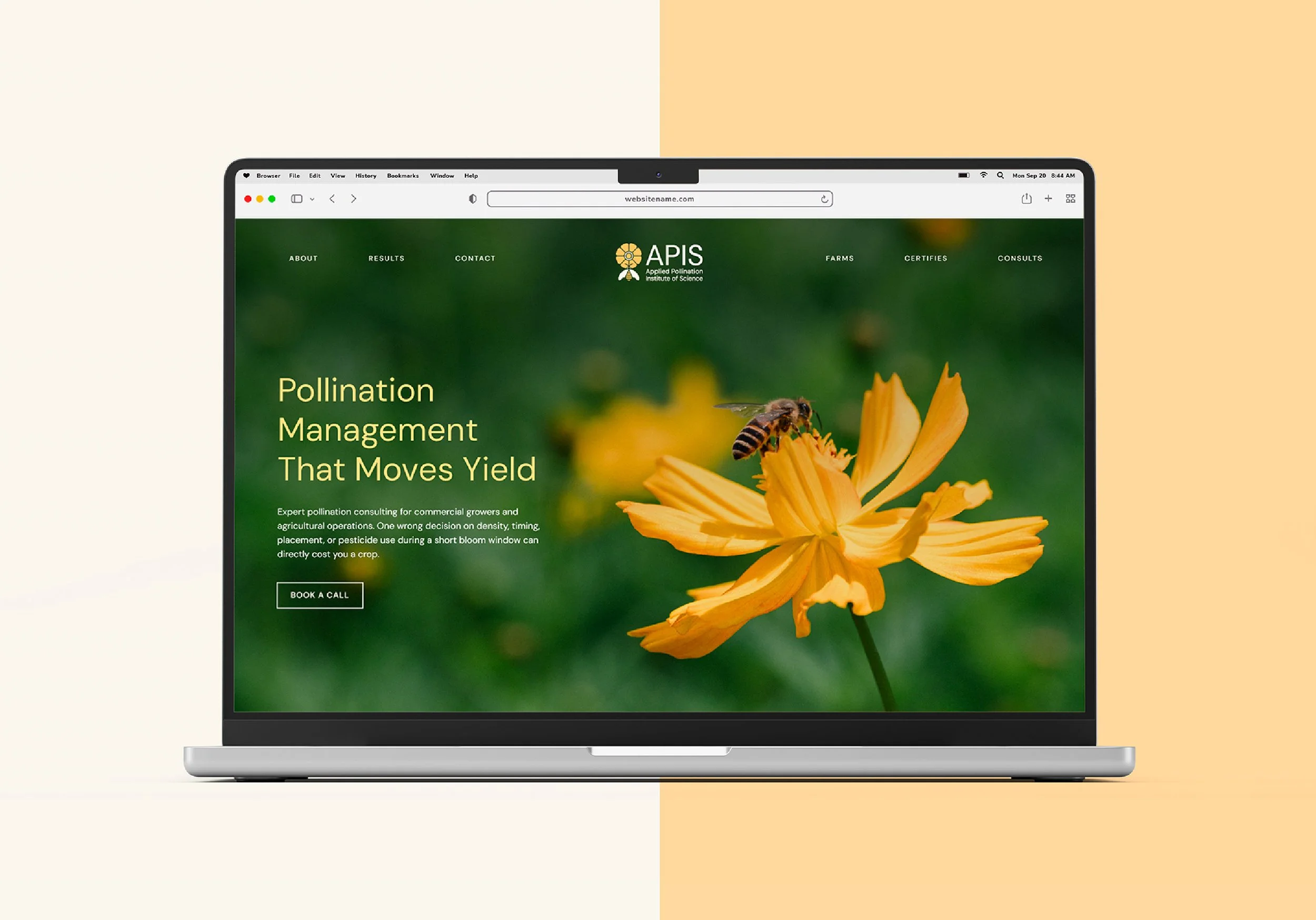 Modern Squarespace website design for a pollination consultant in Ventura County, California. The site has a navigation menu with options such as About, Results, Contact, Farms, Certifies, and Consults.