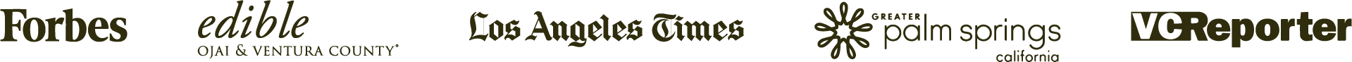 Collection of publication logos that Alex's clients have been featured in, including Forbes, Edible Ojai & Ventura County, Los Angeles Times, Greater Palm Springs California, and VC Reporter.