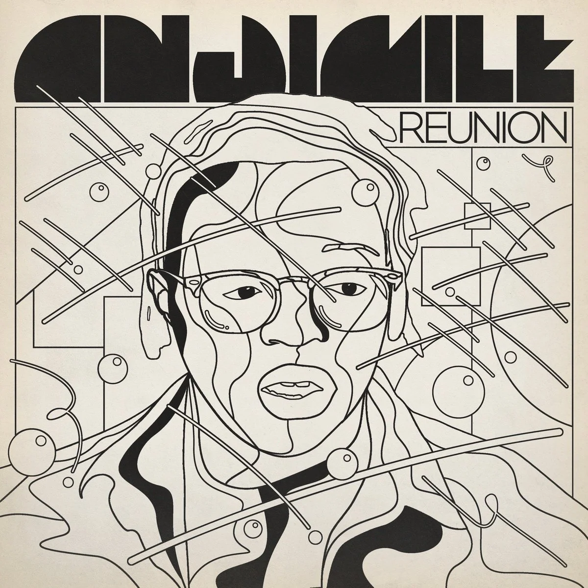 Line art illustration of a person's face wearing glasses, with abstract lines and circles surrounding it, and the text 'REUNION' at the top right corner.