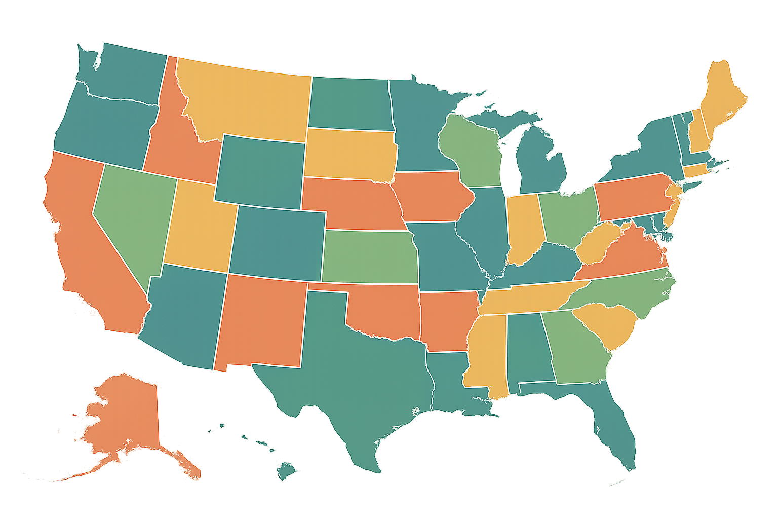 Color-coded United States map showing data by state, with various colors including green, yellow, orange, and red.