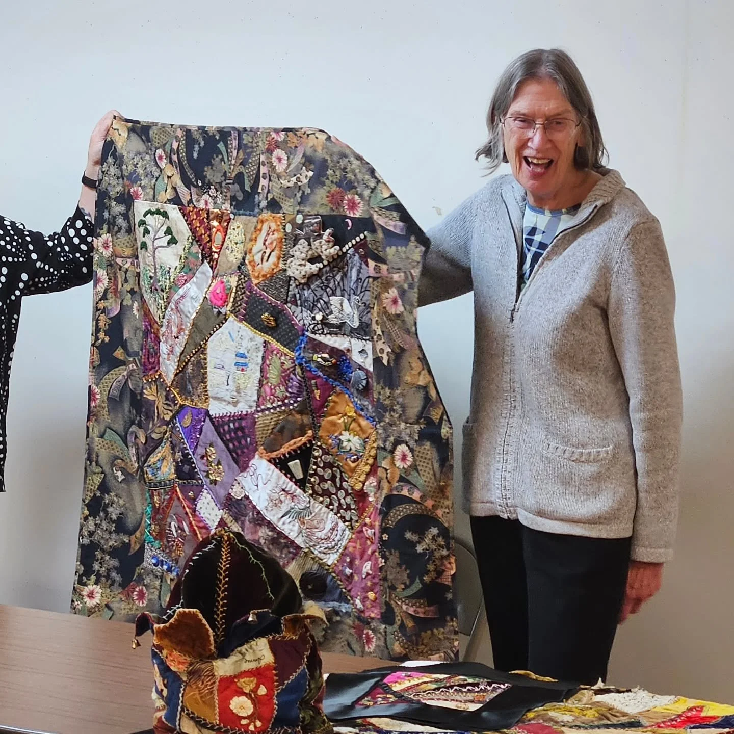 Jane Masenas shared her collection of crazy quilts at our last meeting. She uses a wide selection of materials and notions - from glass beads to lace, old ties and much more. 

Swipe for detailed photos of her handiwork.