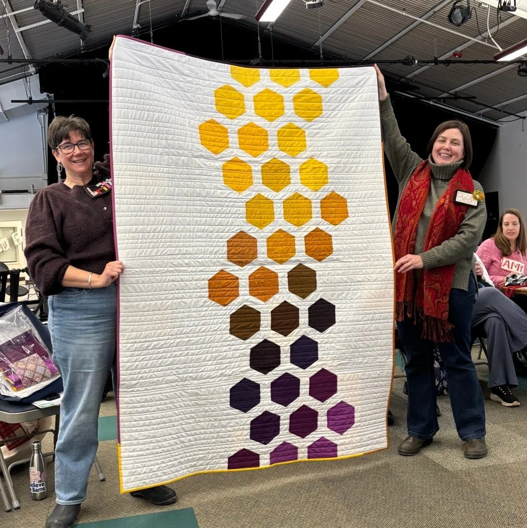 We have a tradition of thanking our past president by making them a quilt.  It took us a little longer than anticipated but we finally presented Jess P. with our appreciation quilt last month. 

We were inspired by her love for hexis!

Thanks to Anne