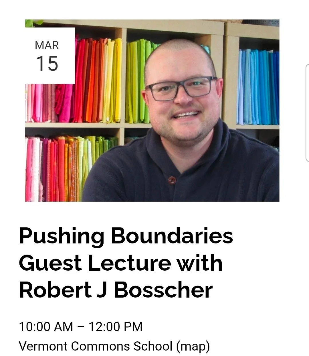 Join us on Sunday at 10am for our March meeting. We're excited for Robert Bosscher to join us for a virtual lecture on pushing boundaries in our quilting practices. 

Free for members. Non-members are welcome to join us for 2 meetings.