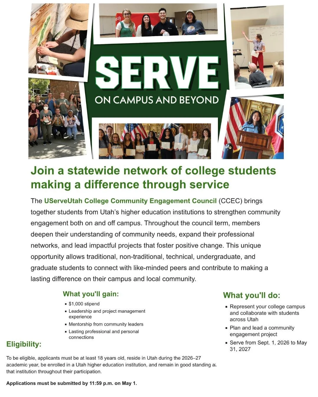 The UServeUtah College Community Engagement Council is recruiting students from across Utah's higher ed institutions to strengthen communities on and off campus. You'll represent your campus, collaborate with students statewide, and actually make thi