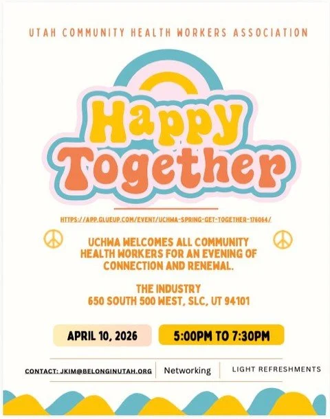 Join the Utah Community Health Workers Association for a Spring Get Together that will be an evening of connection and renewal! There will be networking and light refreshments!

Register at https://app.glueup.com/event/uchwa-spring-get-together-17606