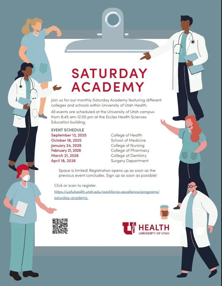 Come to the Saturday Academy, a monthly series featuring different colleges and schools within University of Utah Health. This is a great opportunity to learn about career pathways, connect with professionals, and experience what it&rsquo;s like to b