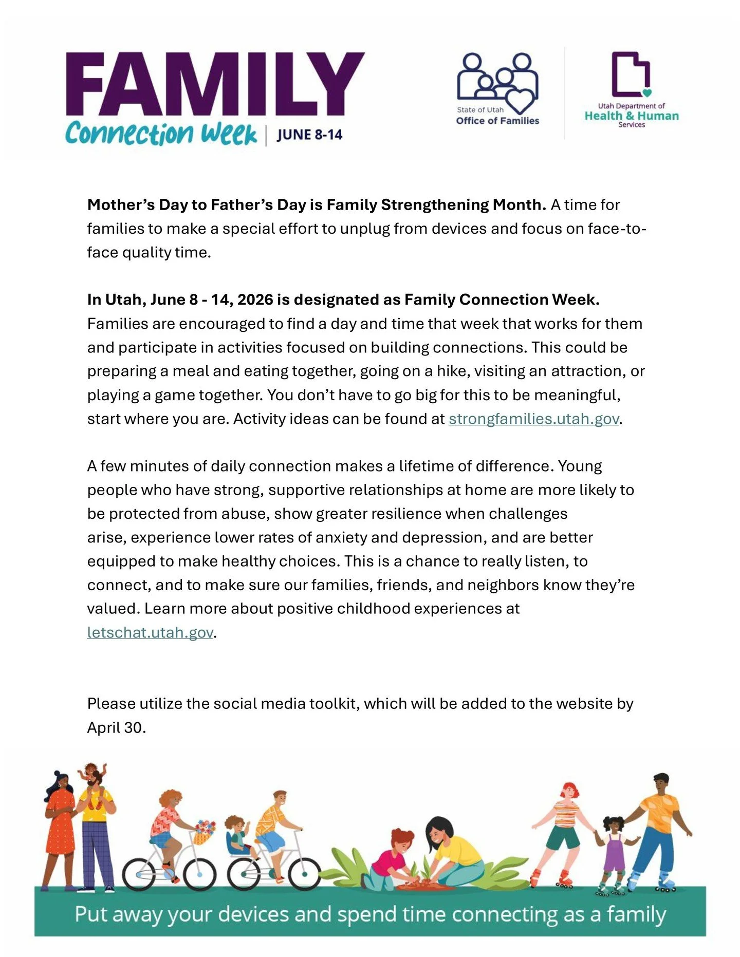 Connection is the foundation of belonging. Next month is Family Strengthening Month, and we&rsquo;re challenging you to put away the devices and focus on face-to-face time. How will you connect this week? Get ideas at http://strongfamilies.utah.gov!

