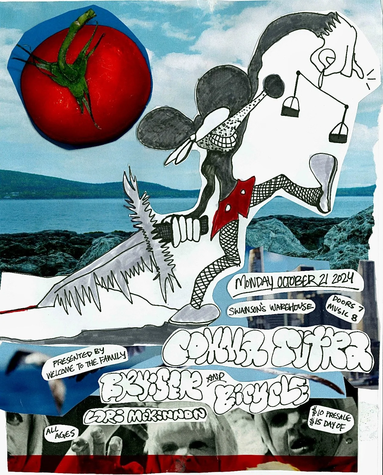 Collage-style concert poster featuring an abstract, cartoon-like figure with mouse ears holding a large saw. A vibrant red tomato is in the top left corner. The background consists of a blue sky and rocky landscape. Text includes details for a music event: "Monday, October 21, 2024, Swanson's Warehouse, Doors 7, Music 8," featuring "Coma Stare, Bxysee, and Bicycle." It is presented as "All ages," with ticket prices listed as "$10 presale, $15 day of."