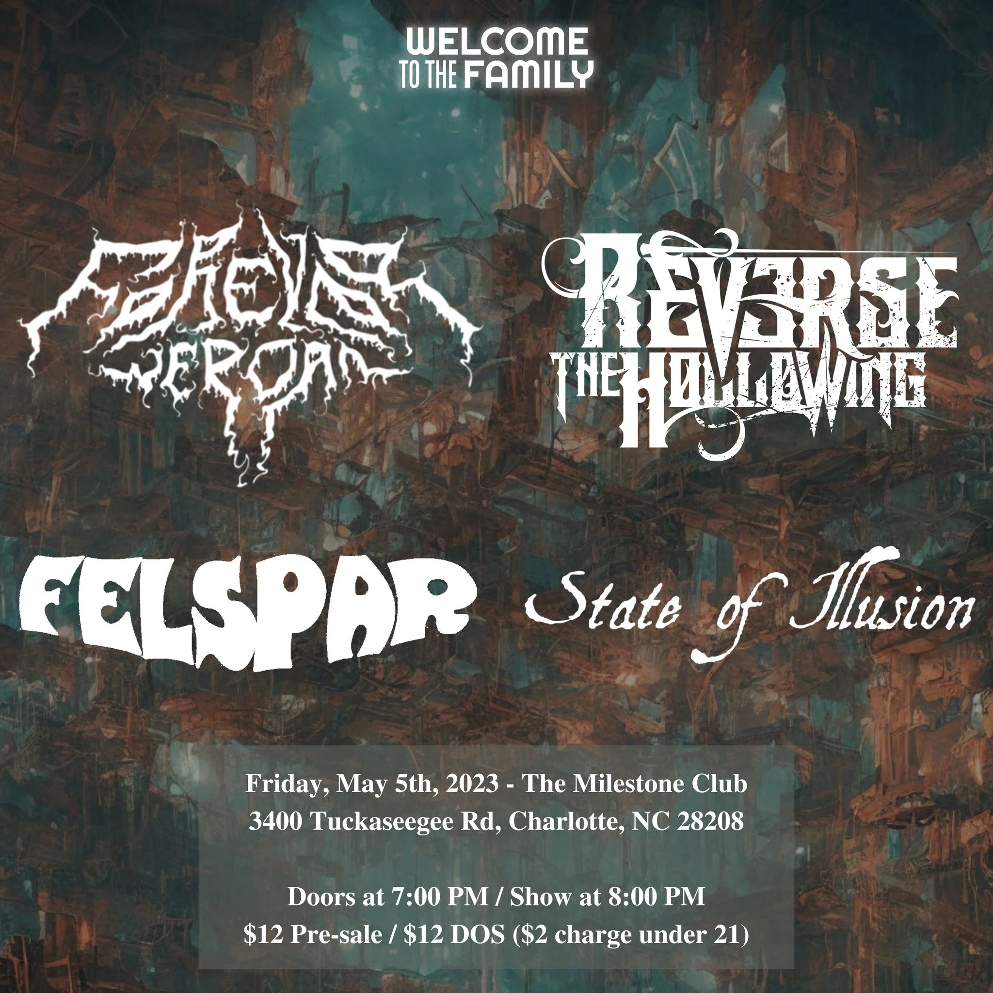 Promotional flyer for a concert at The Milestone Club, Charlotte, NC featuring bands Welcome to the Family, Aeons of Fear, Reverse the Hollowing, Felspar, and State of Illusion. Event date: May 5, 2023, with doors opening at 7 PM and show at 8 PM. Ticket prices are $12 pre-sale and $12 at the door, with a $2 charge for those under 21.