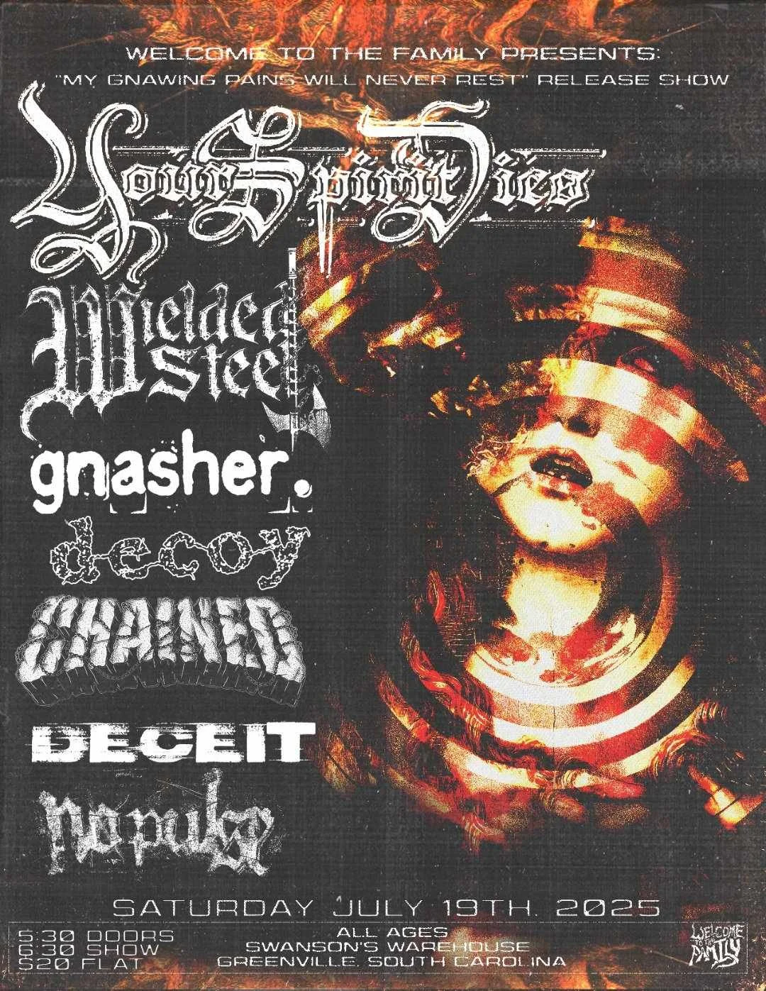 Event poster with distorted, fiery background and a distorted face of a woman. Multiple band names are listed in different gothic and horror-themed fonts, including Sacrum, Bioth, A Place, All Seed, Graser, Cheeky, Challoned, BEGIT, and People. The event is scheduled for Saturday, July 19th, 2025, at Swanson's Warehouse in Greenville, South Carolina, with doors opening at 5:30 and the show starting at 6:30. The poster states all ages are welcome.