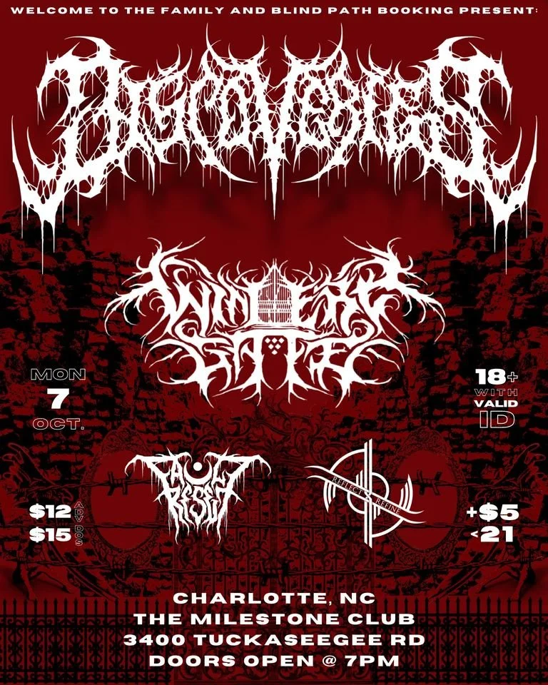 Concert poster for a metal music event at The Milestone Club in Charlotte, NC, featuring band logos, ticket prices, age restrictions, and date details.
