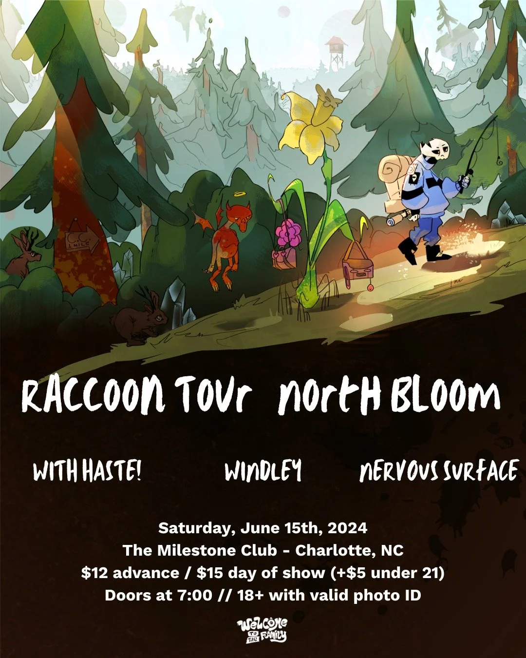 Illustrated poster for 'Raccoon Tour North Bloom' concert featuring Raccoon Tour, North Bloom, With Haste!, Windley, and Nervous Surface at The Milestone Club in Charlotte, NC on June 15, 2024.