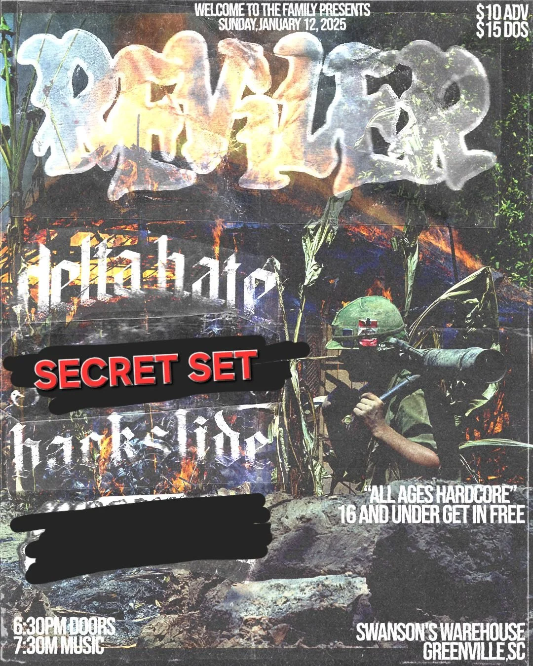 Concert poster for "Welcome to the Family" event on January 12, 2025, featuring bands like "Reviler," "He Hate" and "Backslide," with a "Secret Set." Venue: Swanson's Warehouse, Greenville, SC, $10 advance tickets, $15 day of show. Doors open at 6:30 PM, music starts at 7:30 PM. All ages welcome, free for 16 and under. Background has military-themed imagery.