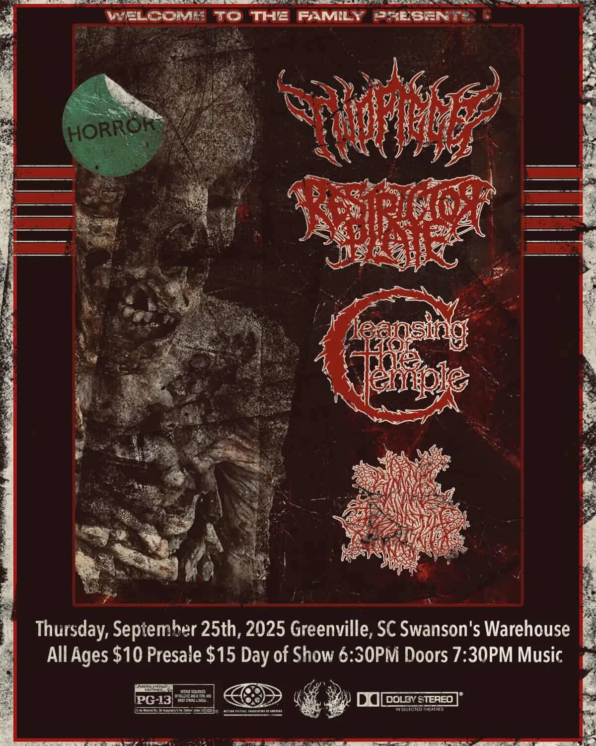 Old horror-themed concert poster featuring band logos and a spooky face. Event details include date, location, ticket prices, and showtime.