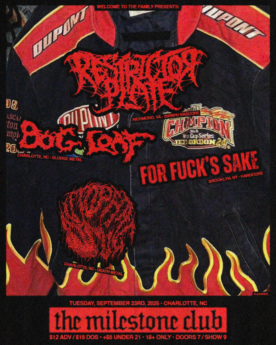 Event poster for a heavy metal concert at the Milestone Club in Charlotte, NC on September 23, 2025. It features band logos, flame designs, and information about the event's date, location, and age restrictions.
