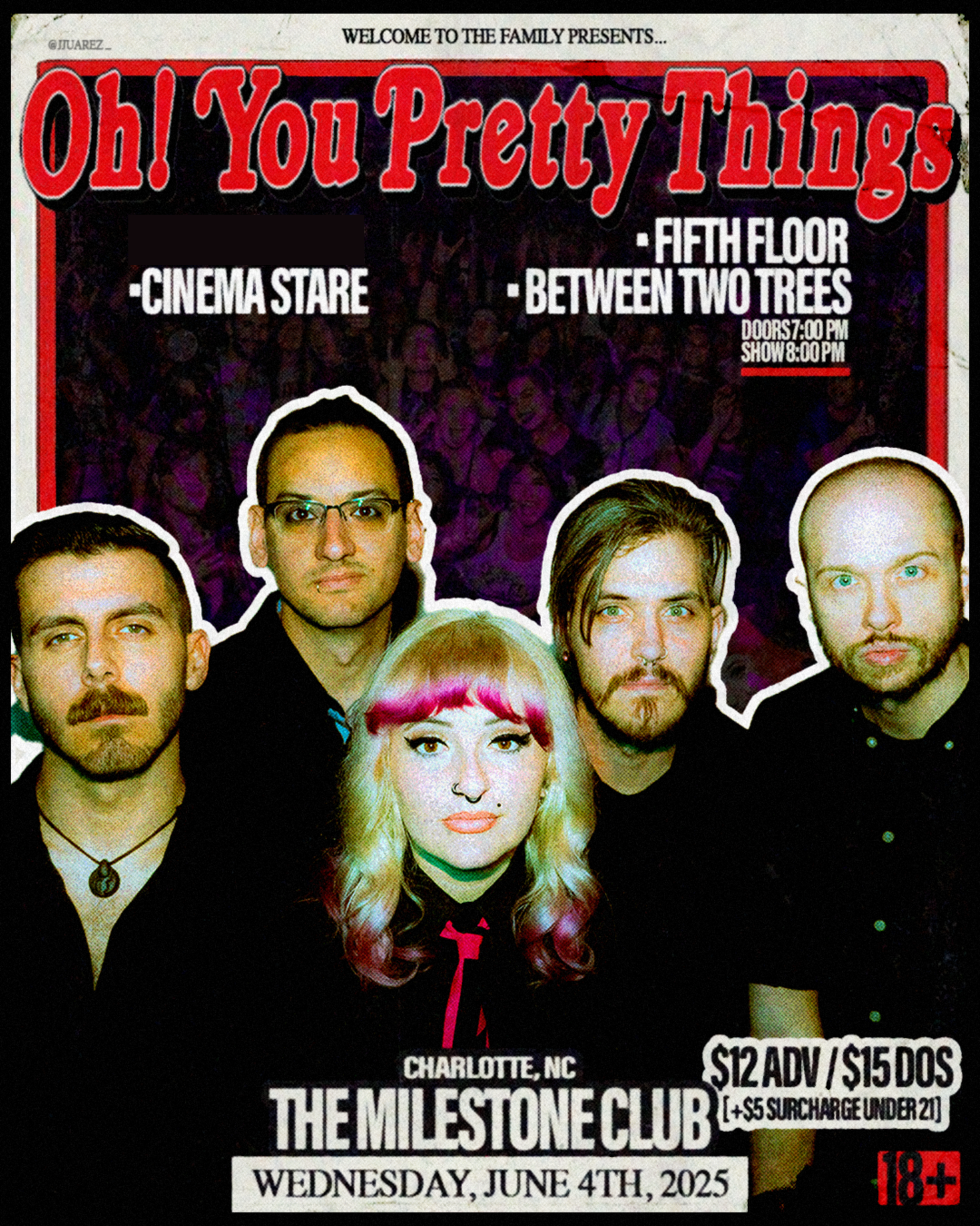 Event poster for a concert featuring the band Oh! You Pretty Things at The Milestone Club in Charlotte, NC, on June 4th, 2025. The poster includes images of five band members, event details, tickets prices, and age restriction of 18+. The background shows a crowd at a concert, and the text mentions performances on the fifth floor between two trees and a Cinemare stare.