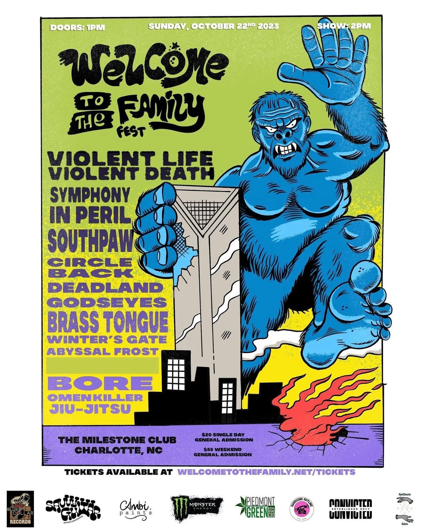 Concert poster for 'Welcome to the Family Fest' on October 22, 2023, featuring bands like Violent Life Violent Death and Symphony in Peril. Includes a cartoon blue gorilla, skyscraper, and cityscape graphics. Venue: The Milestone Club, Charlotte, NC. Ticket prices and sponsors listed at the bottom.