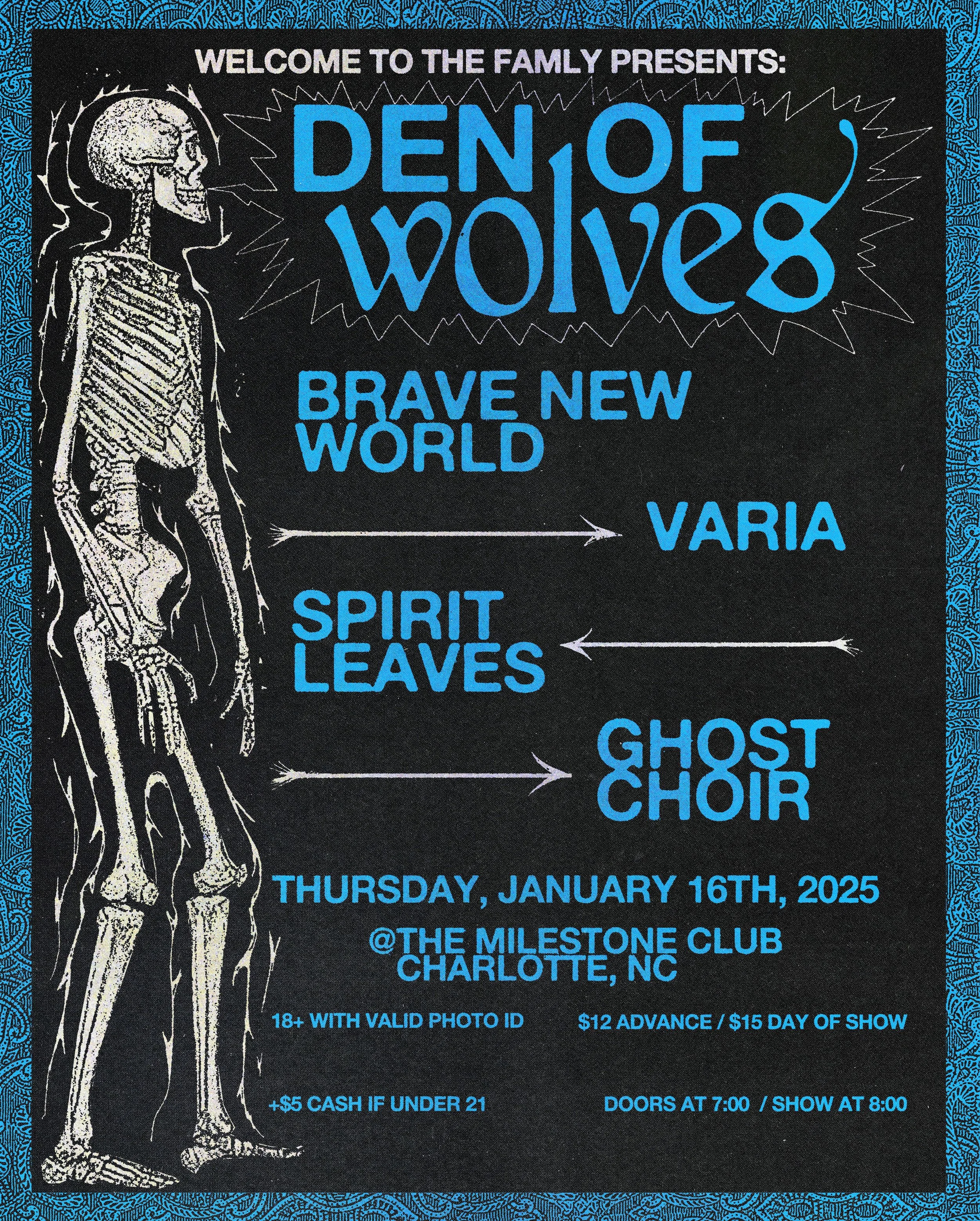Concert poster for "Den of Wolves" featuring Brave New World, Varia, Spirit Leaves, and Ghost Choir at The Milestone Club in Charlotte, NC on January 16, 2025. The poster includes a skeleton illustration and event details such as ticket prices and show times.
