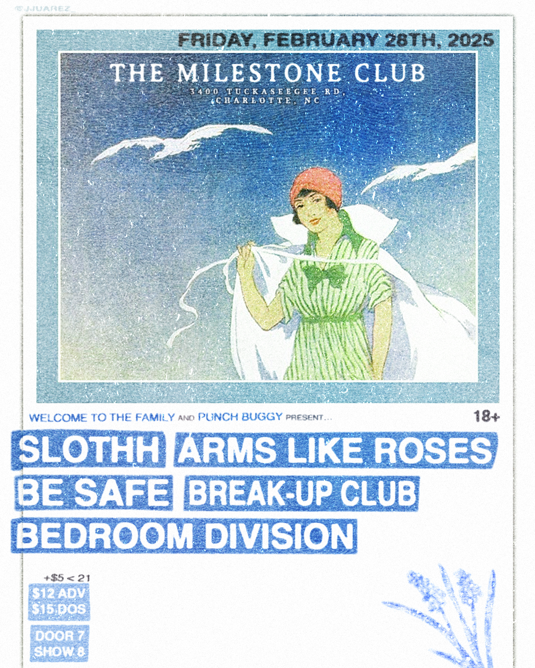 Concert poster for The Milestone Club in Charlotte, NC on February 28, 2025, featuring bands Slothh, Arms Like Roses, Be Safe, Break-Up Club, and Bedroom Division. Illustration of a woman in a green dress and red headscarf with white doves in the background. Ticket prices and details are provided.