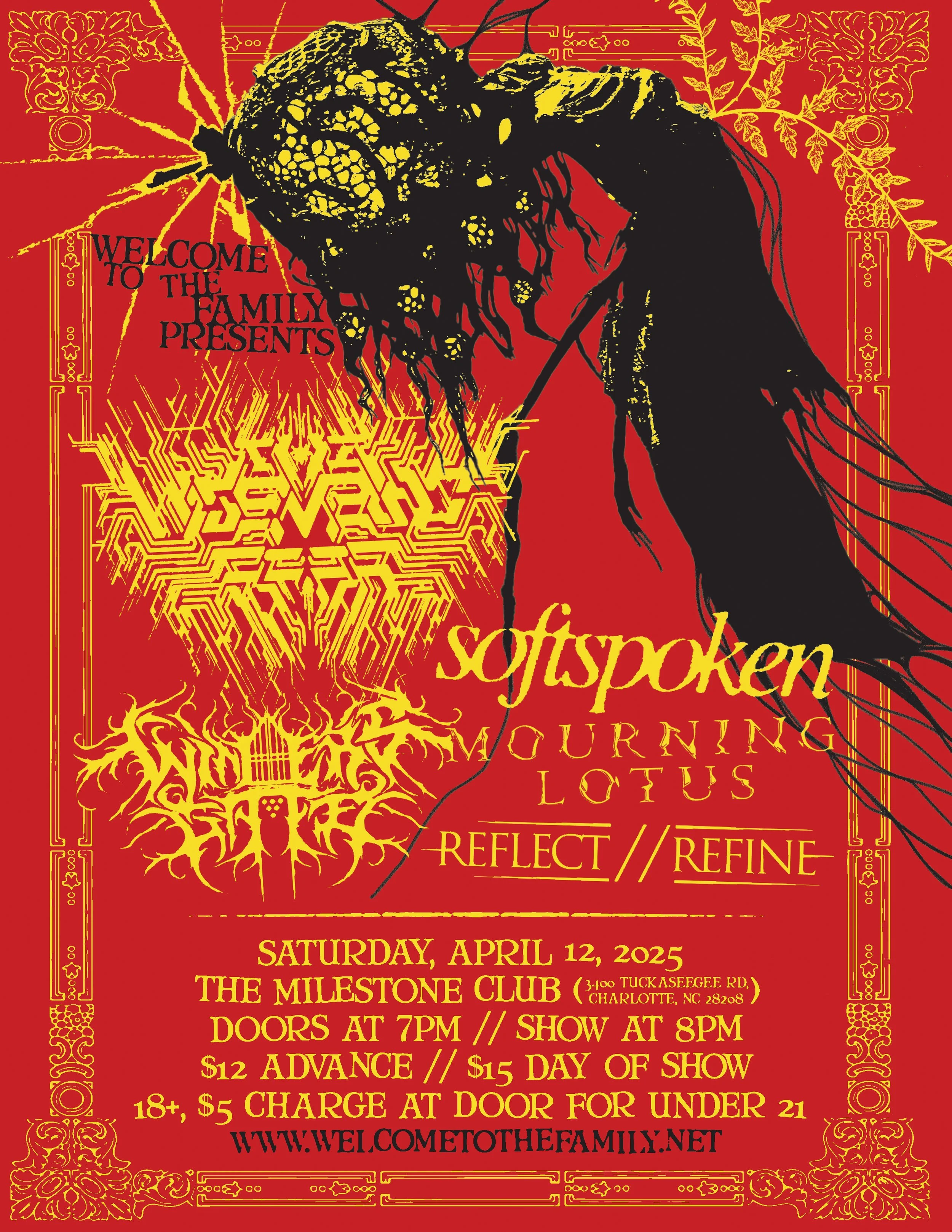 Concert poster featuring bands Like Moths to Flames and Softspoken, with additional acts. Event date: Saturday, April 12, 2025, at The Milestone Club, Charlotte, NC. Ticket prices: $12 advance, $15 day of show, 18+ with $5 charge for under 21. Bold yellow and red design with abstract art.