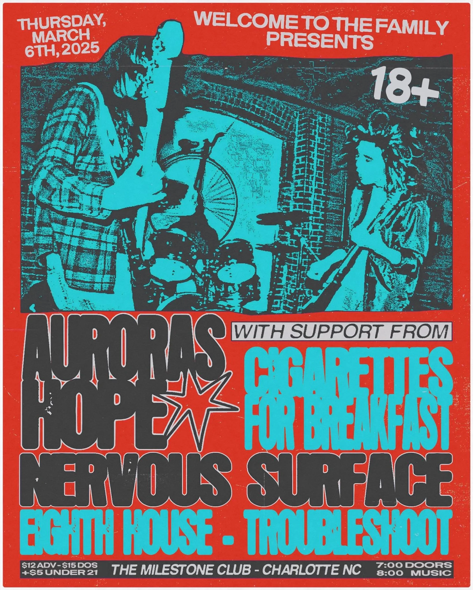 Concert poster for "Welcome to the Family" event on March 6, 2025, featuring "Aurora's Hope" with support from "Cigarettes for Breakfast," "Nervous Surface," "Eighth House," and "Troubleshoot." Event is at The Milestone Club, Charlotte, NC, and is 18+.