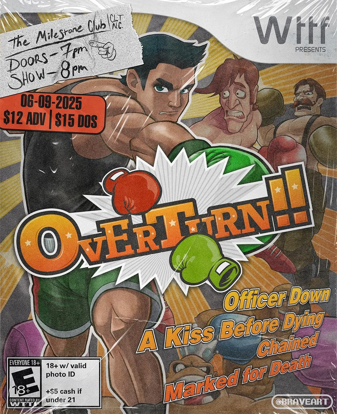 Event poster for "Overturn!!" featuring a boxing theme. Includes information about a show at The Milestone Club in Charlotte, NC on June 9, 2025, with doors opening at 7 PM and the show starting at 8 PM. Admission prices are $12 in advance and $15 at the door. Graphic style mimics a comic book with animated boxers. Additional text lists bands: Officer Down, A Kiss Before Dying, Chained, and Marked for Death. Age restriction is 18+ with valid photo ID.
