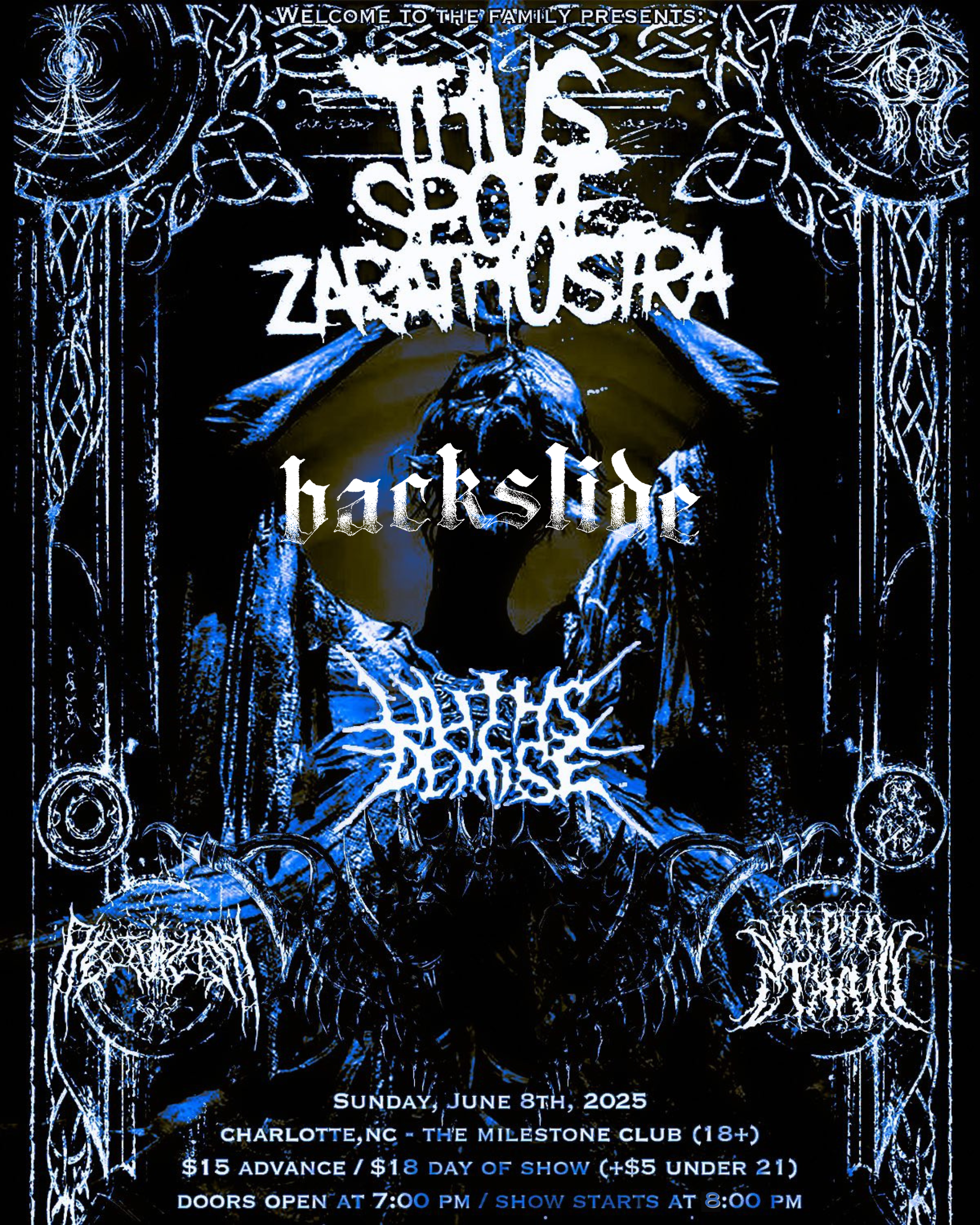 A dark, fantasy-themed concert poster with intricate blue and white Celtic knot designs and a central silhouette of a figure with clawed hands. Text includes details for a concert featuring bands such as This Gory ZealotUSA, Haxor, and others, scheduled for June 8th, 2025, at The Milestone Club in Charlotte, NC. The poster has a gothic and mystical aesthetic.