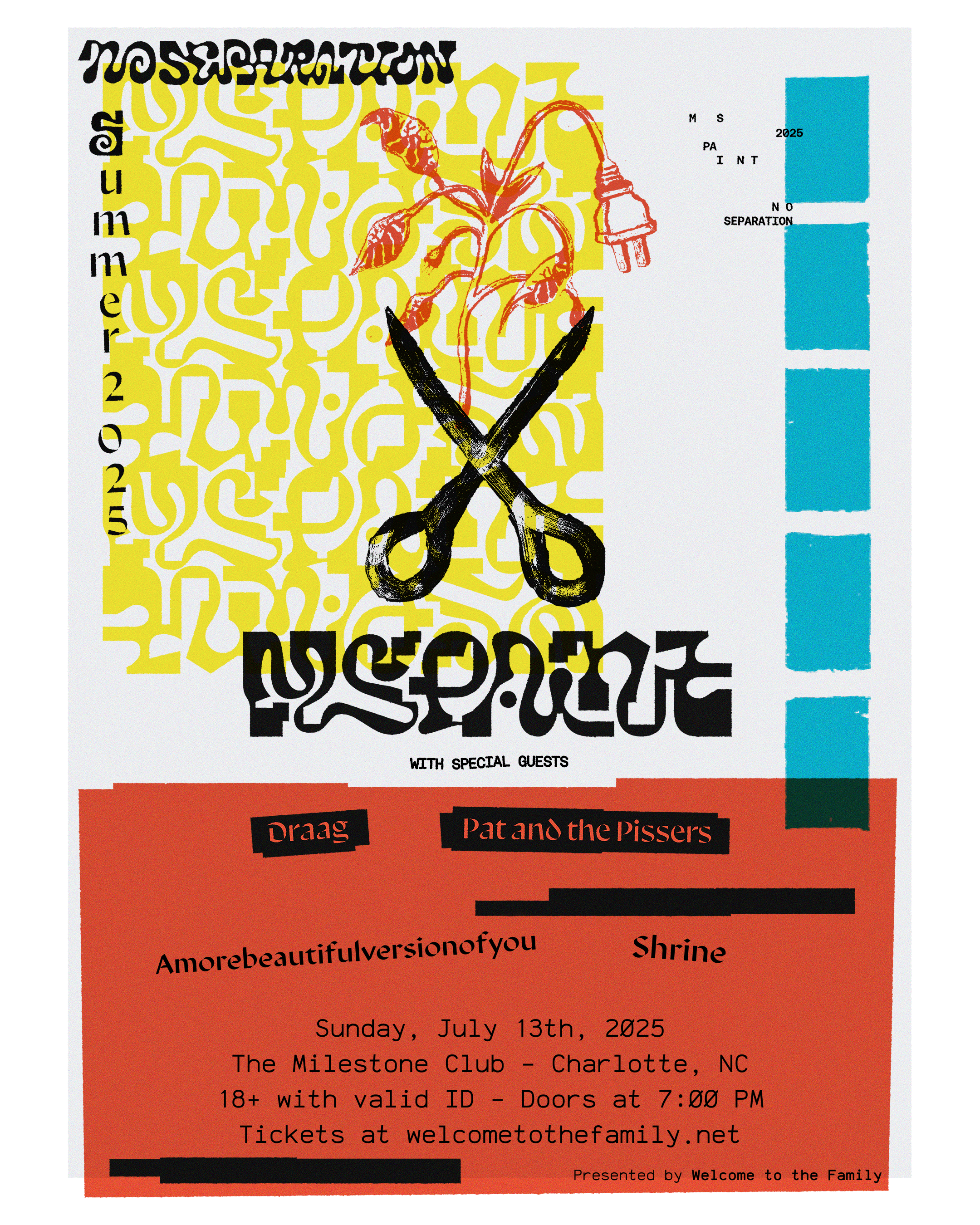 Event poster for 'Poets and Scissors' featuring a yellow patterned background, a red illustrated plant, black scissors, and colorful text sections with event details, including date, location, and guest bands 'Draag' and 'Pat and the Pissers'.