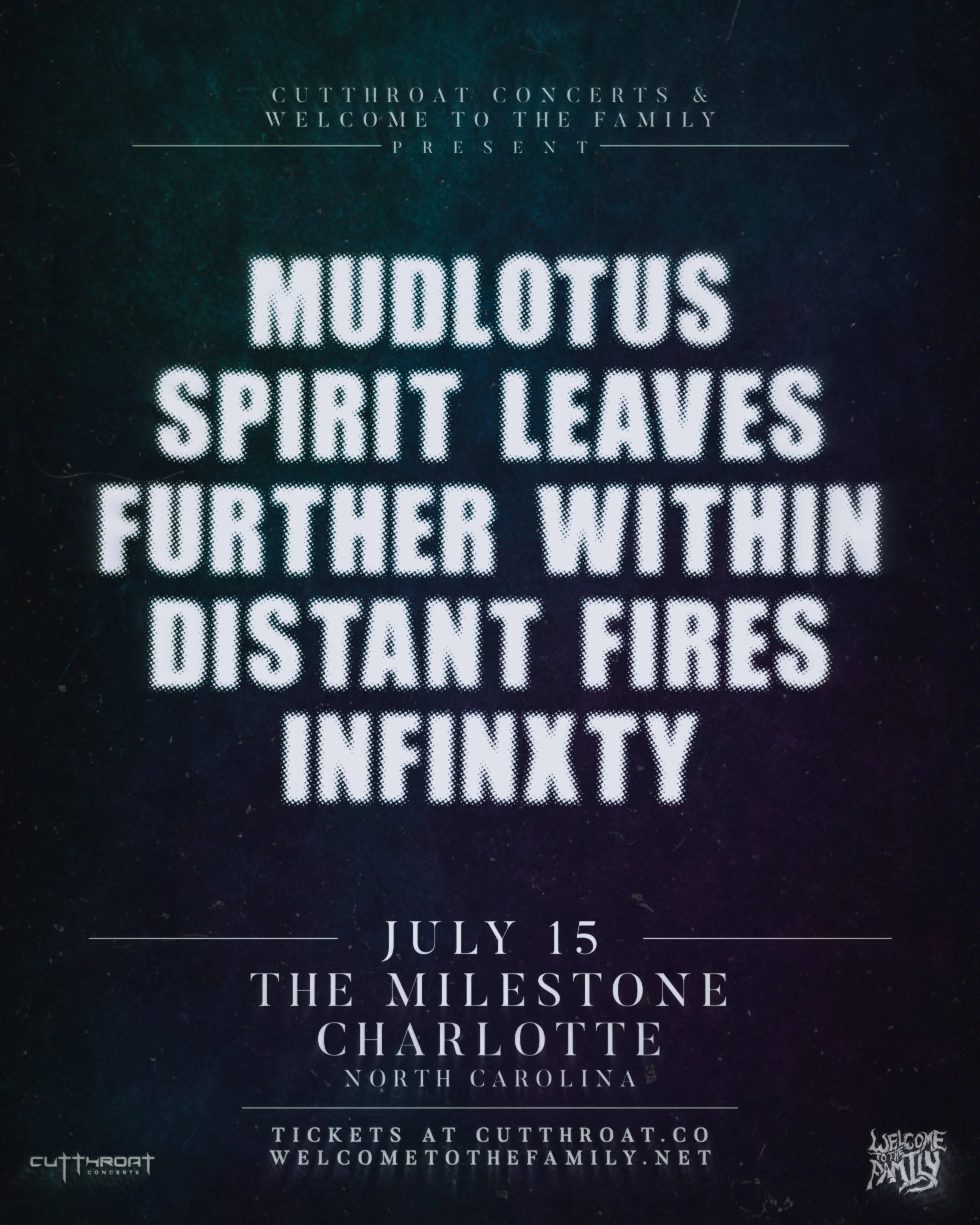 Event poster for Mudlitus concert featuring Spirit Leaves on July 15 at The Milestone in Charlotte, North Carolina.