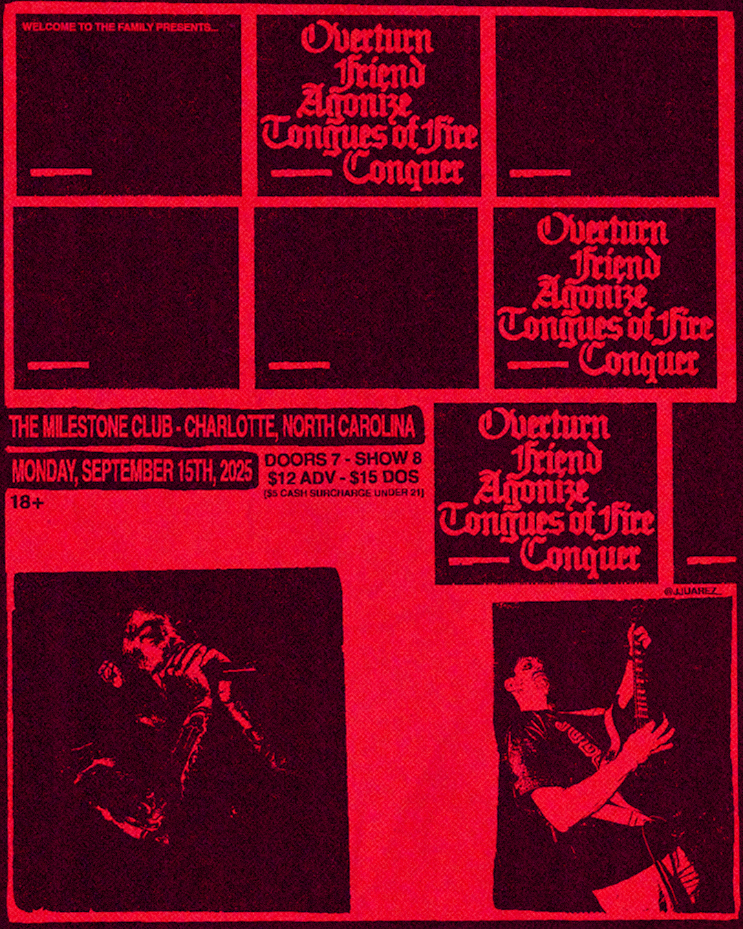 A red and black poster promoting a concert event at The Milestone Club in Charlotte, North Carolina on September 15, 2025, featuring band Overturn, with images of two musicians playing guitars.