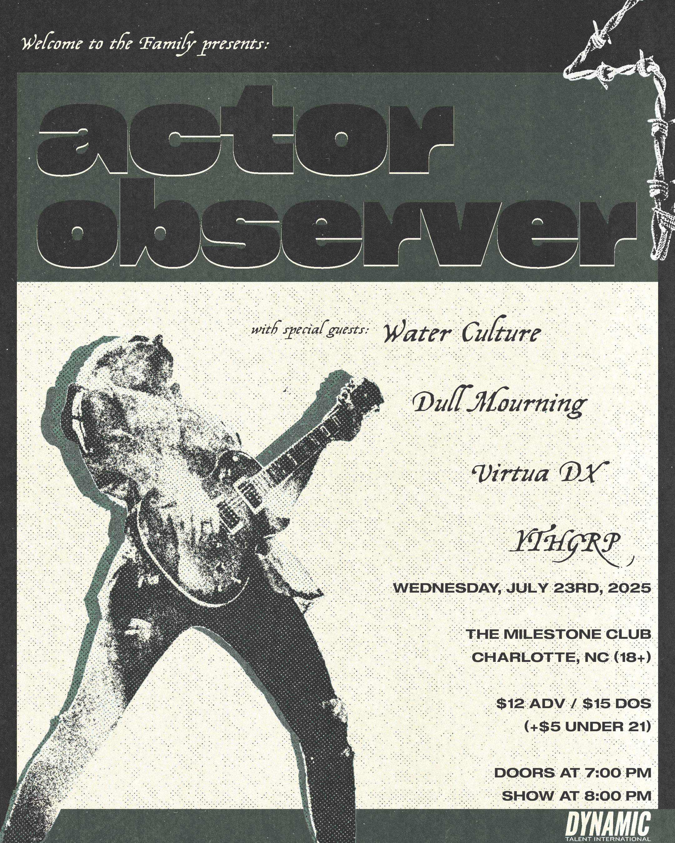 A vintage-style poster advertising a band called Actor Observer performing at The Milestone Club in Charlotte, North Carolina, on July 23rd, 2025, with special guests Water Culture, Dull Mourning, Virtua DX, and WTHGRP. The poster features a black-and-white illustration of a person with a skull for a head playing an electric guitar.