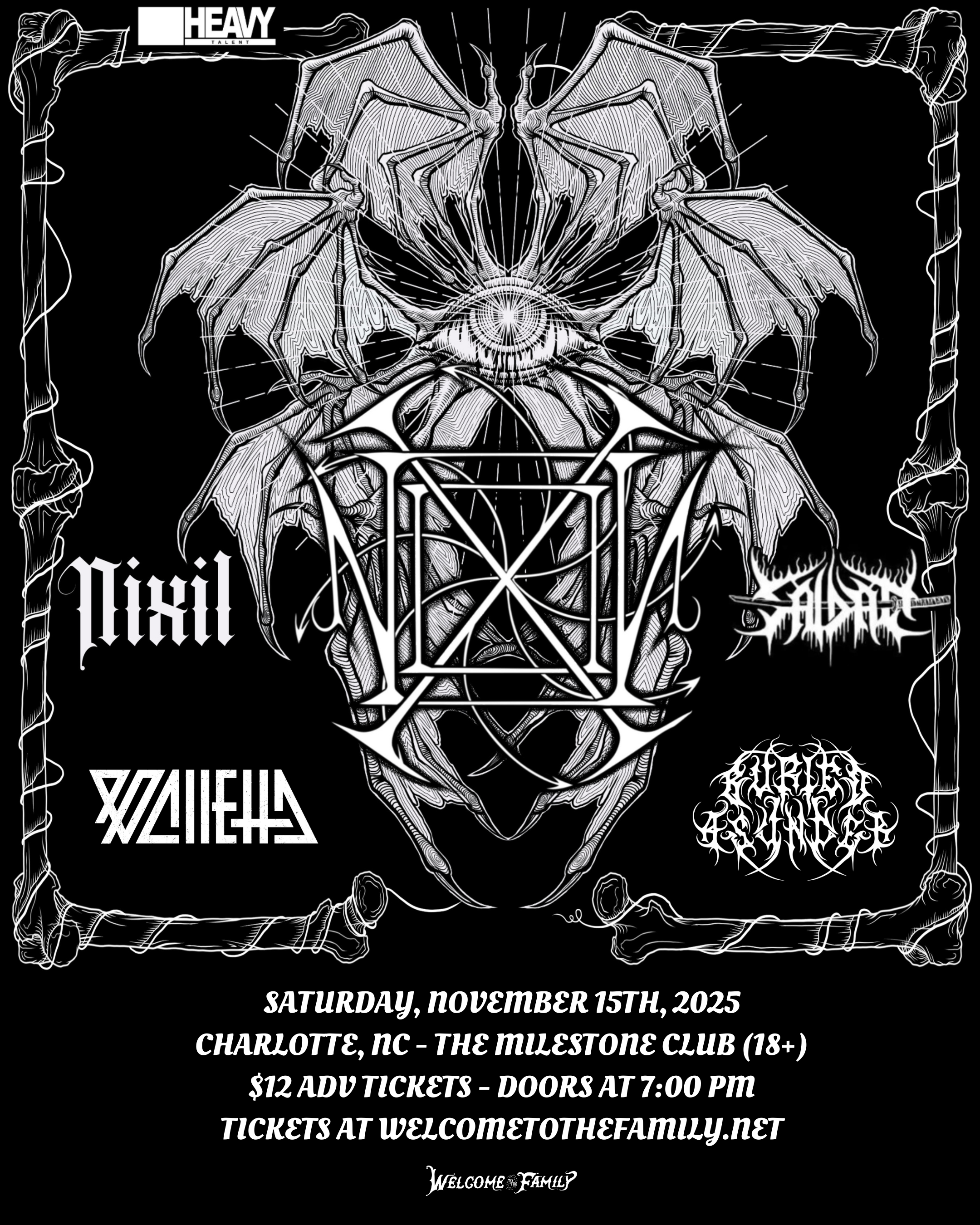 Black and white flyer for a heavy metal concert featuring distorted, gothic-style text. The center displays an intricate design of a creature with multiple bat-like wings, insect-like features, and a circular eye in the middle. The flyer includes the date Saturday, November 15th, 2025, at Charlotte, NC, The Milestone Club, with tickets costing $12 and doors opening at 7:00 pm. The bottom notes tickets available at welcomeofthefamily.net.