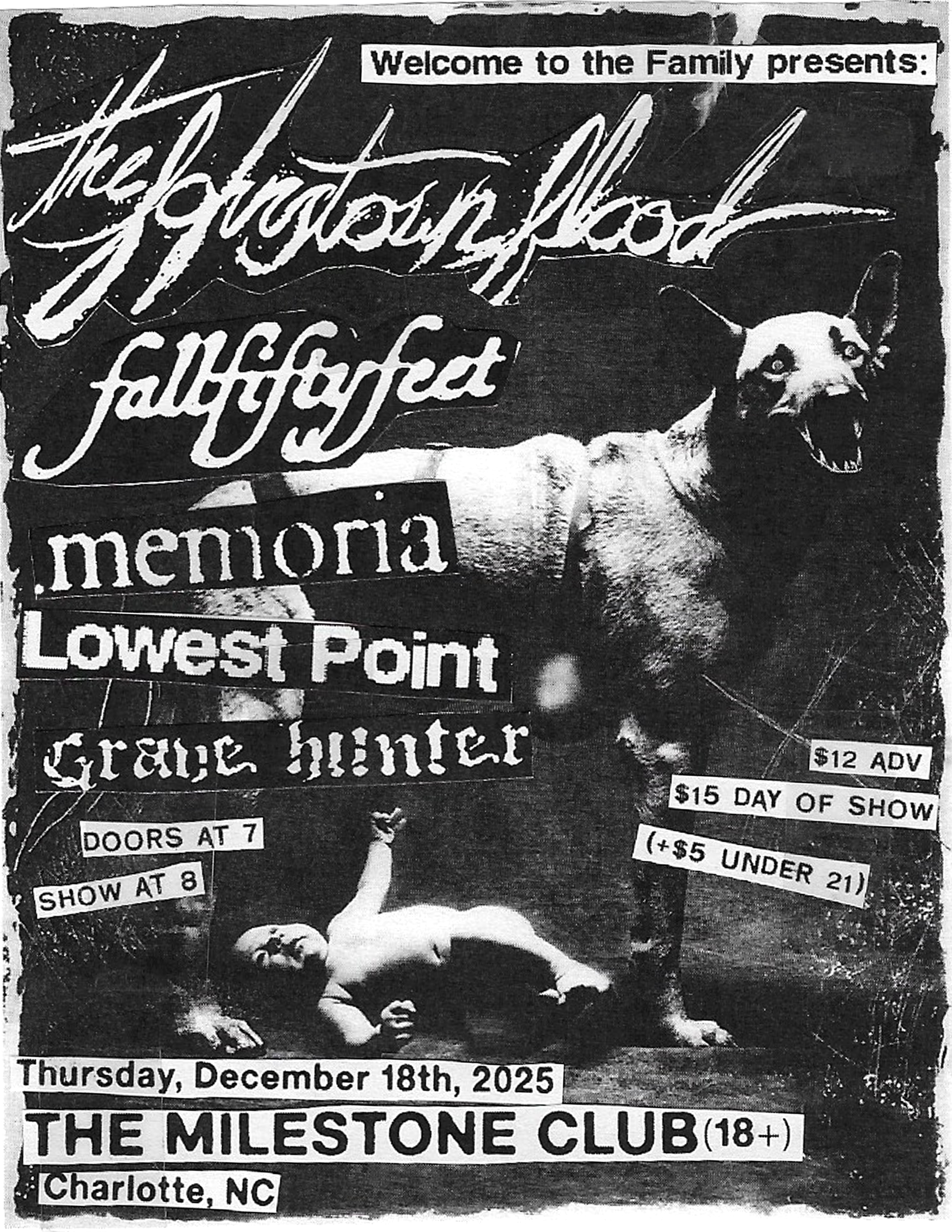 Black and white poster for a music event featuring The Ghouls and Moria. The poster has text and images of a dog and a person lying on the ground. It states the event is at The Milestone Club in Charlotte, NC on December 18th, 2025, with doors opening at 7 and the show starting at 8. Ticket prices are $12 in advance and $15 day of show, with a $5 discount for attendees under 21.