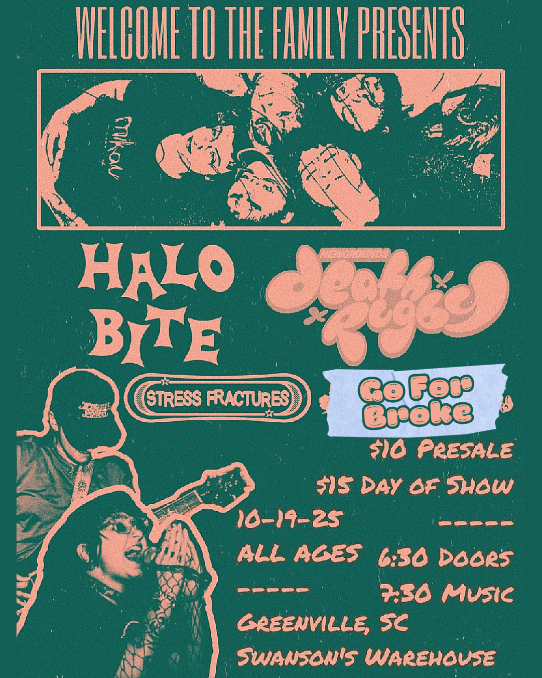 A colorful flyer for a music event featuring the bands Halo Bite, DeathPeace, and Stress Fractures. It includes a photo of a group of people at the top, a drawing of a person with glasses and a guitar, and another person singing into a microphone. The event is scheduled for October 19, 2025, at Swanson's Warehouse in Greenville, SC, with doors opening at 6:30 PM and music starting at 7:30 PM. The presale tickets are $10, and the event is open to all ages.