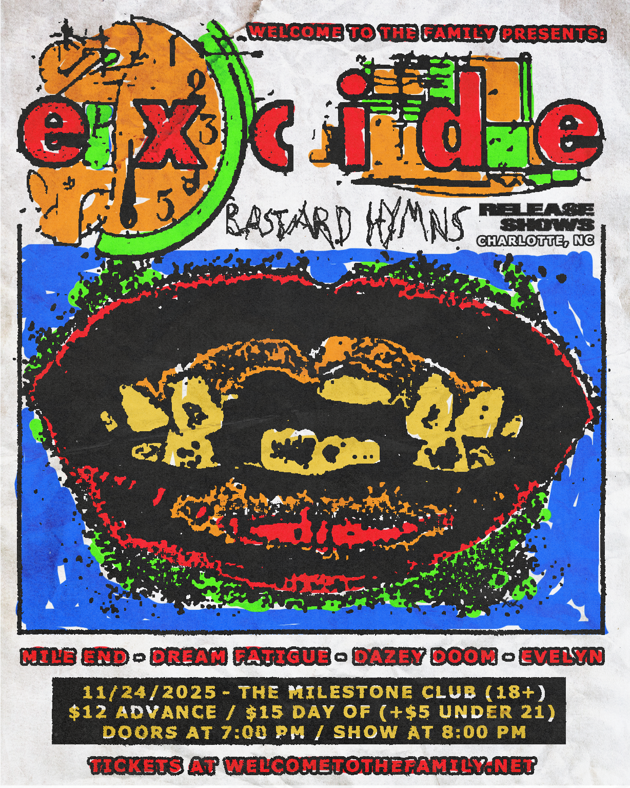 A concert poster for the band Excidere, promoting a show at The Milestone Club in Charlotte, NC, featuring bands stationed in Bastard Hams. The poster features colorful, abstract artwork, a large black oval with yellow elements inside, and text with details about the event such as date, time, ticket prices, and lineup.