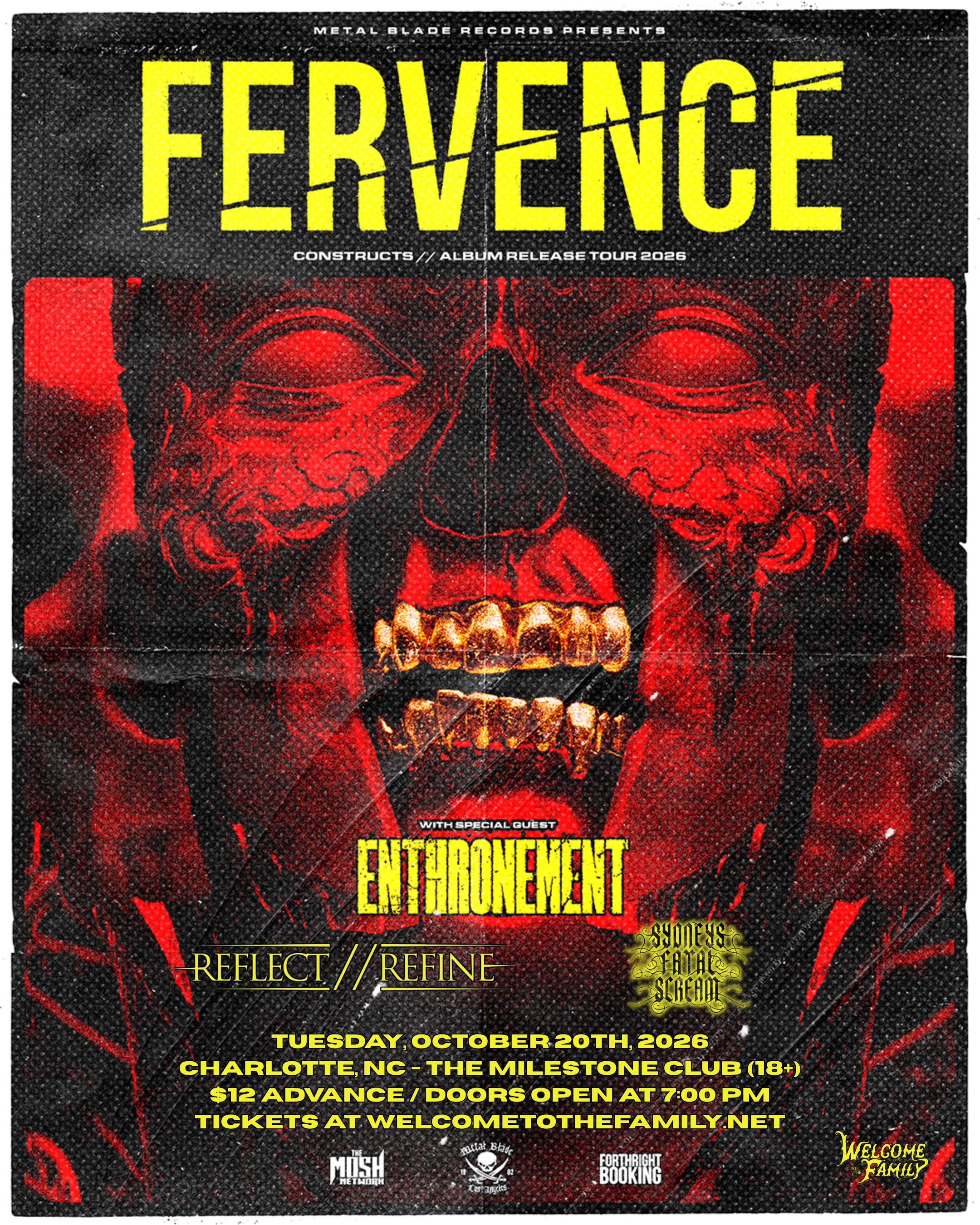Event poster for the band Ference, featuring special guest Entourage. The event is scheduled for Tuesday, October 20th, 2026, at The Milestone Club in Charlotte, NC. Tickets are $12 in advance, doors open at 7:00 PM. The poster has a dark, textured background with red and yellow text and artistic graphics, including a skull-like face and stylized writing.