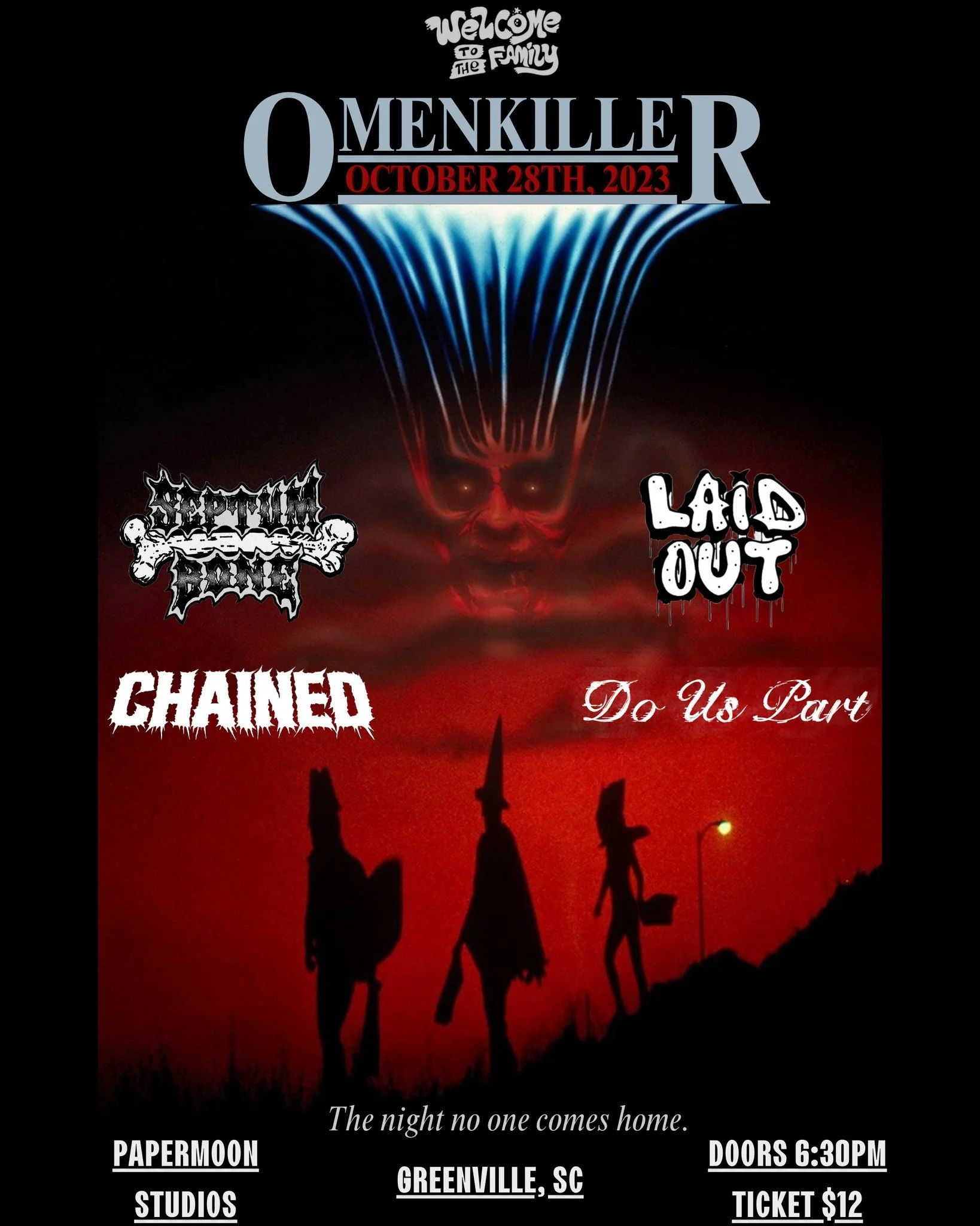 Concert poster for "Omenkiller" event on October 28th, 2023, featuring band logos and a red silhouette of three figures. The venue is Papermoon Studios in Greenville, SC. Entry at 6:30 PM, tickets $12. Slogan: "The night no one comes home."