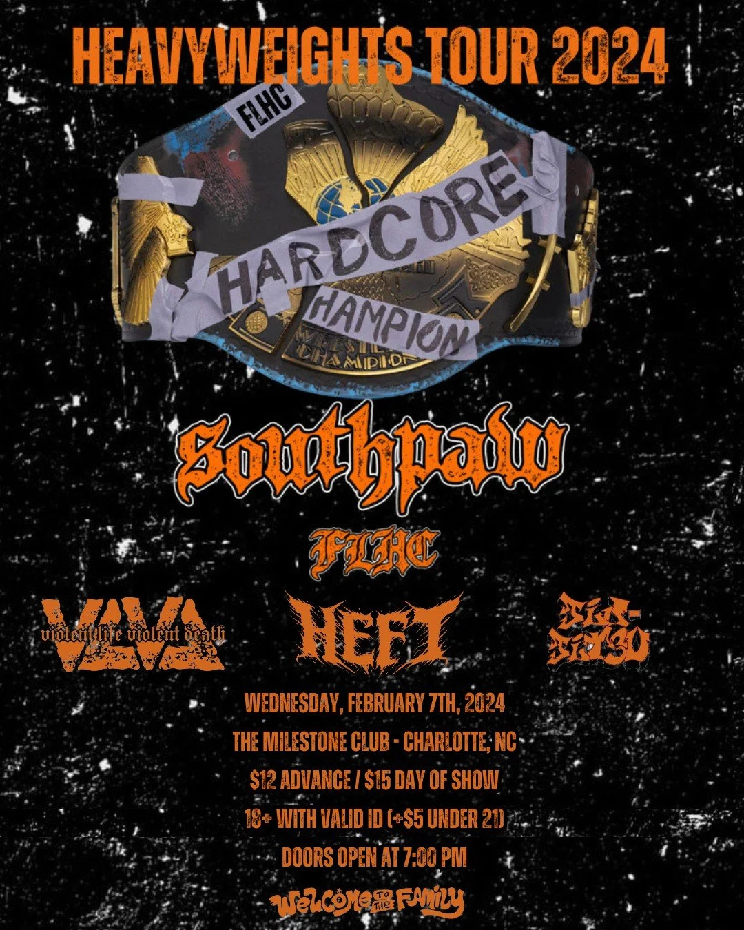 Hardcore tour poster featuring a championship belt with text "Heavyweights Tour 2024." Bands listed: Southpaw, FLHC, Violent Life Violent Death, Heft, and DZO-NSD. Event details: February 7, 2024, at The Milestone Club, Charlotte, NC. Entry fees $12 advance, $15 day of show, 18+ with valid ID, additional $5 for under 21. Doors open at 7:00 PM.
