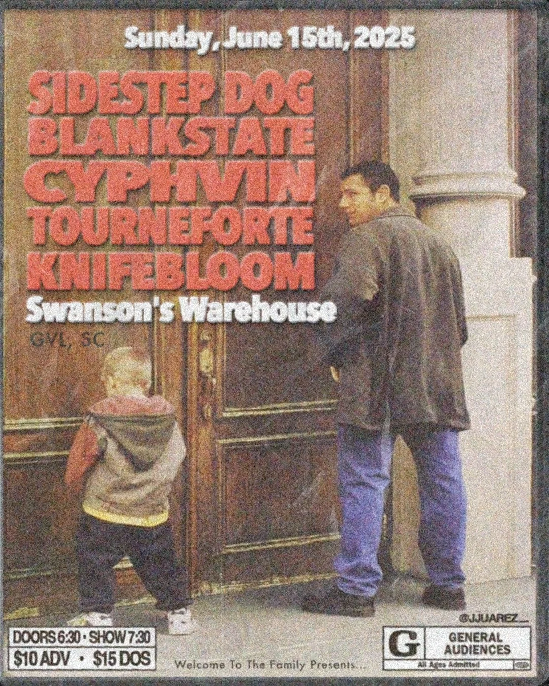 Concert poster for Sunday, June 15th, 2025, featuring Sidestep Dog, Blankstate, Cyphvin, Tourneforte, and Knifebloom at Swanson's Warehouse, GVL, SC. Show starts at 7:30 PM with tickets priced at $10 in advance and $15 at the door. Suitable for general audiences.