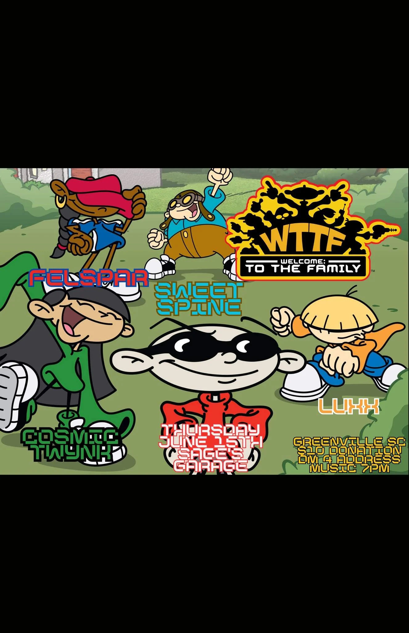 Cartoon flyer featuring animated characters and text for a music event in Greenville, SC. Includes names "Felspar," "Sweet Spine," "Cosmic Twunk," and "Luxx," with event details at "Sager's Garage" on Thursday, June 15th."