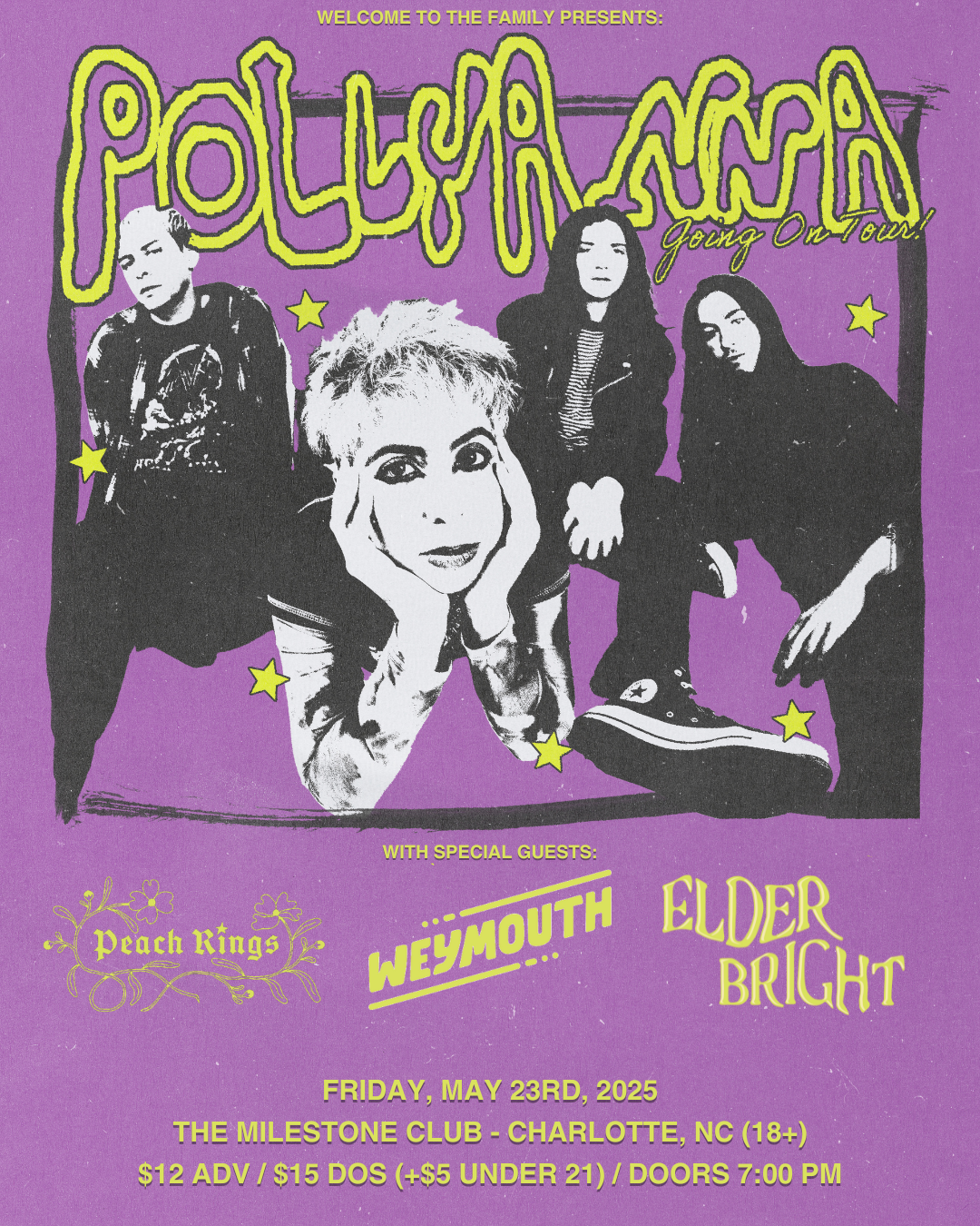 A promotional poster for a Pollywood Circus concert tour featuring Juliet's early music band, with special guests Peach Kings, Weymouth, and Elder Bright. The event is scheduled for Friday, May 23, 2025, at the Milestone Club in Charlotte, North Carolina, with ticket prices and time details specified. The poster has a purple background with black and white photos of the performers, yellow text, and star graphics.