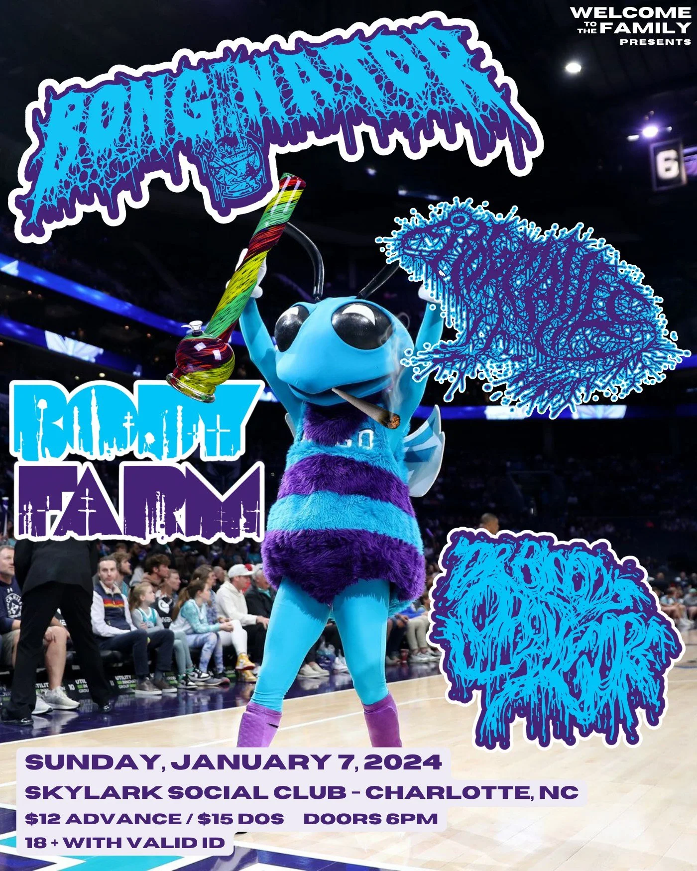 Concert poster featuring a blue and purple insect mascot on a basketball court holding a bong and smoking. Bright blue and purple text reads 'Bonginator, Rodent Farm, Brood Mother,' with event details: January 7, 2024, Skylark Social Club, Charlotte, NC. $12 advance, $15 DOS, doors open at 6 PM, 18+ with valid ID.