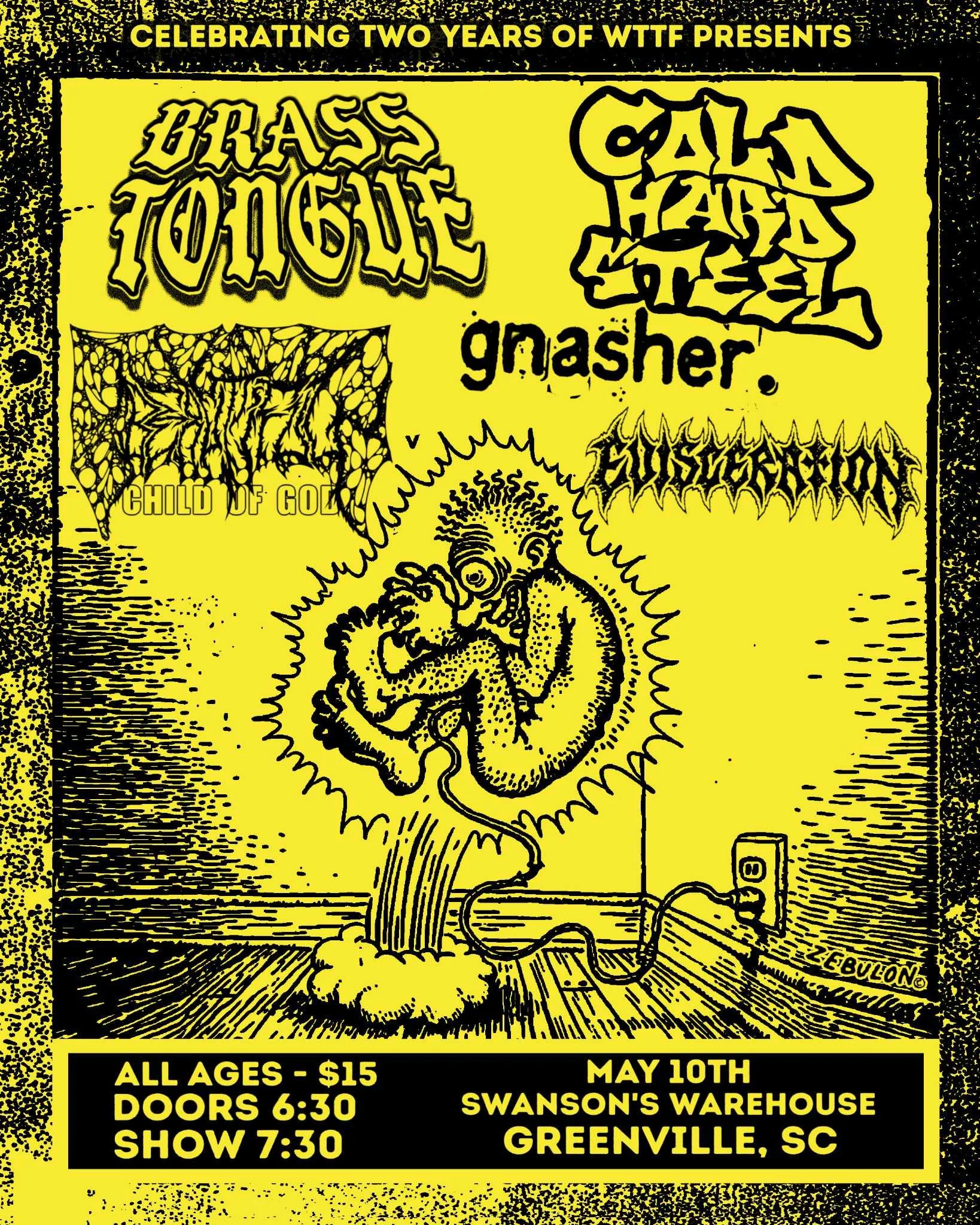 Concert poster for "Celebrating Two Years of WTTF" featuring bands Brass Tongue, Cold Hand Steel, Child of God, Gnasher, and Euthanisticon. The event is on May 10th at Swanson's Warehouse, Greenville, SC. Entry is $15, doors open at 6:30, and the show starts at 7:30. The design includes a cartoon figure plugged into an outlet.